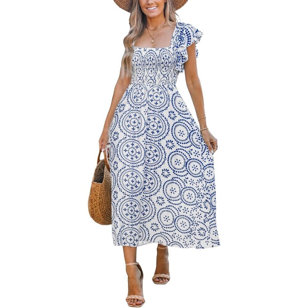 Women's Summer Midi Dress Rayon Blend Paisley Square Neck Flutter Sleeve